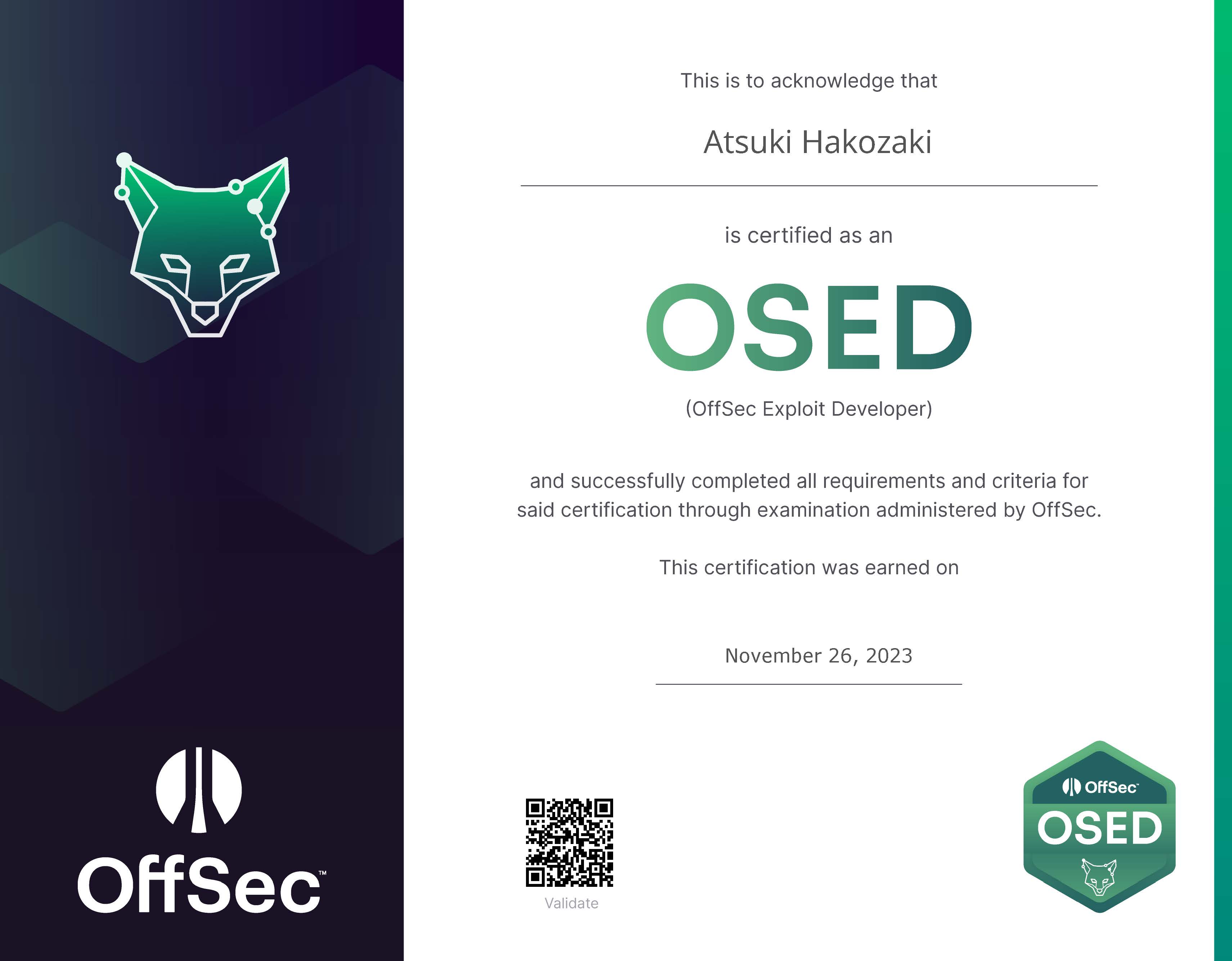 OSED certificate