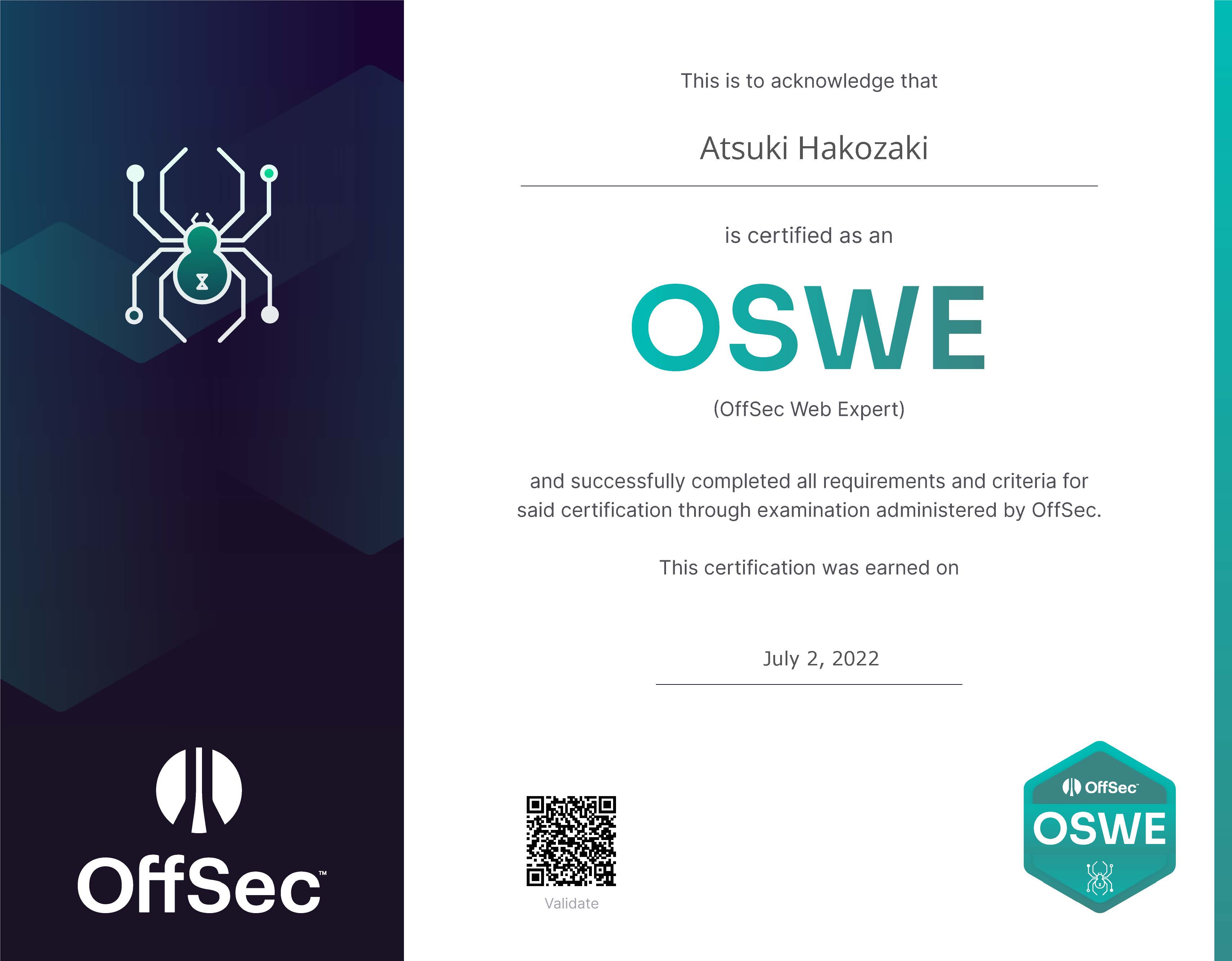 OSWE certificate